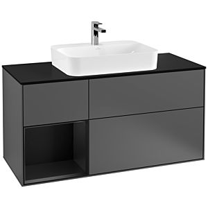Villeroy und Boch Finion Waschtischunterschrank F412PDGK 120cm, Abdeckplatte black matt, Regal links Black matt lacquer, Anthracite matt