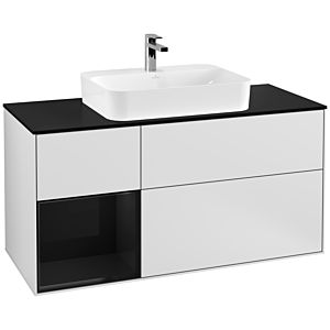 Villeroy und Boch Finion Waschtischunterschrank F412PHMT 120cm, Abdeckplatte black matt, Regal links Glossy Black Lacquer, White matt lacquer