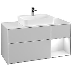 Villeroy und Boch Finion Waschtischunterschrank F421GFGJ 120cm, Abdeckplatte white matt, Regal rechts Glossy white lacquer, Light grey matt
