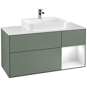Villeroy et Boch Finion Villeroy et Boch F421GFGM 120cm, plaque de finition blanc mat, étagère à droite Laque blanc brillant, Olive Matt Lacquer