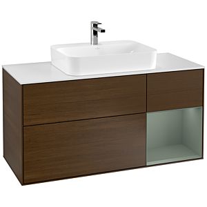 Villeroy und Boch Finion Waschtischunterschrank F421GMGN 120cm, Abdeckplatte white matt, Regal rechts Olive Matt Lacquer, Walnut veneer