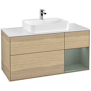 Villeroy und Boch Finion Waschtischunterschrank F421GMPC 120cm, Abdeckplatte white matt, Regal rechts Olive Matt Lacquer, Oak Veneer