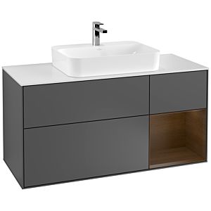 Villeroy und Boch Finion Waschtischunterschrank F421GNGK 120cm, Abdeckplatte white matt, Regal rechts Walnut veneer, Anthracite matt