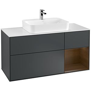 Villeroy und Boch Finion Waschtischunterschrank F421GNHG 120cm, Abdeckplatte white matt, Regal rechts Walnut veneer, Midnight Blue Matt Lacquer