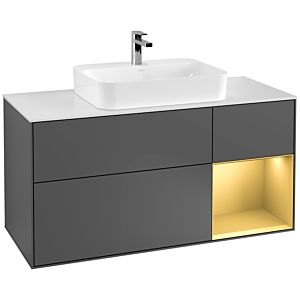 Villeroy und Boch Finion Waschtischunterschrank F421HFGK 120cm, Abdeckplatte white matt, Regal rechts Gold matt, Anthracite matt