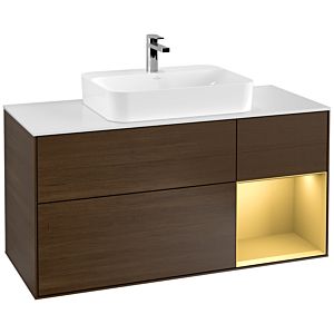 Villeroy et Boch Finion Villeroy et Boch F421HFGN 120cm, plaque de recouvrement blanc mat, étagère droite or mat, placage noyer