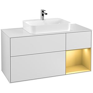 Villeroy et Boch Finion Villeroy et Boch F421HFMT 120cm, plaque de recouvrement blanc mat, étagère droite or mat, laqué blanc mat