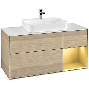 Villeroy et Boch Finion Villeroy et Boch F421HFPC 120cm, plaque de recouvrement blanc mat, étagère droite or mat, Oak Veneer