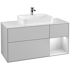 Villeroy und Boch Finion Waschtischunterschrank F421MTGJ 120cm, Abdeckplatte white matt, Regal rechts White matt lacquer, Light grey matt