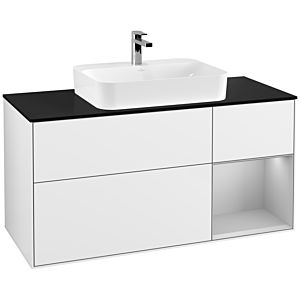 Villeroy und Boch Finion Waschtischunterschrank F422GJGF 120cm, Abdeckplatte black matt, Regal rechts Light grey matt, Glossy white lacquer