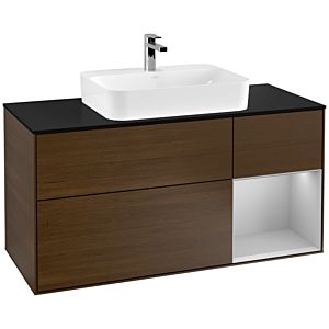 Villeroy und Boch Finion Waschtischunterschrank F422GJGN 120cm, Abdeckplatte black matt, Regal rechts Light grey matt, Walnut veneer