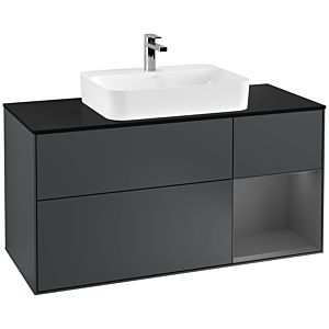 Villeroy und Boch Finion Waschtischunterschrank F422GKHG 120cm, Abdeckplatte black matt, Regal rechts Anthracite matt, Midnight Blue Matt Lacquer