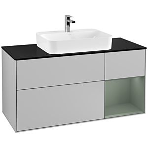 Villeroy und Boch Finion Waschtischunterschrank F422GMGJ 120cm, Abdeckplatte black matt, Regal rechts Olive Matt Lacquer, Light grey matt