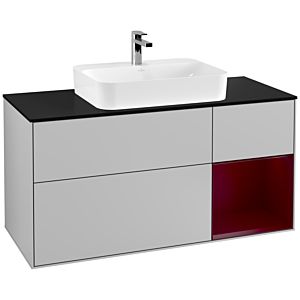 Villeroy und Boch Finion Waschtischunterschrank F422HBGJ 120cm, Abdeckplatte black matt, Regal rechts Peony, Light grey matt