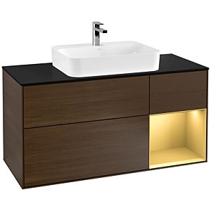 Villeroy und Boch Finion Waschtischunterschrank F422HFGN 120cm, Abdeckplatte black matt, Regal rechts Gold matt, Walnut veneer