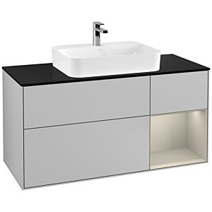 Villeroy und Boch Finion Waschtischunterschrank F422HHGJ 120cm, Abdeckplatte black matt, Regal rechts Sand Matt, Light grey matt