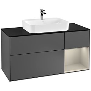 Villeroy und Boch Finion Waschtischunterschrank F422HHGK 120cm, Abdeckplatte black matt, Regal rechts Sand Matt, Anthracite matt
