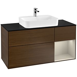 Villeroy und Boch Finion Waschtischunterschrank F422HHGN 120cm, Abdeckplatte black matt, Regal rechts Sand Matt, Walnut veneer