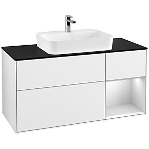 Villeroy et Boch Finion Villeroy et Boch F422MTGF 120cm, plaque de finition noir mat, étagère à droite laqué blanc mat, laqué blanc brillant