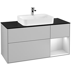 Villeroy und Boch Finion Waschtischunterschrank F422MTGJ 120cm, Abdeckplatte black matt, Regal rechts White matt lacquer, Light grey matt
