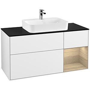 Villeroy und Boch Finion Waschtischunterschrank F422PCGF 120cm, Abdeckplatte black matt, Regal rechts Oak Veneer, Glossy white lacquer