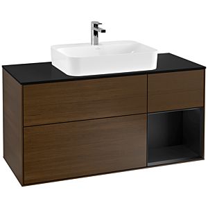 Villeroy und Boch Finion Waschtischunterschrank F422PDGN 120cm, Abdeckplatte black matt, Regal rechts Black matt lacquer, Walnut veneer