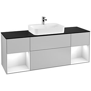 Villeroy und Boch Finion Waschtischunterschrank F452GFGJ 160x60,3cm, Abdeckplatte black matt, Regale Glossy white lacquer, Light grey matt
