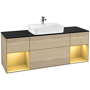 Villeroy und Boch Finion Waschtischunterschrank F452HFPC 160x60,3cm, Abdeckplatte black matt, Regale Gold matt lacquer, Oak Veneer
