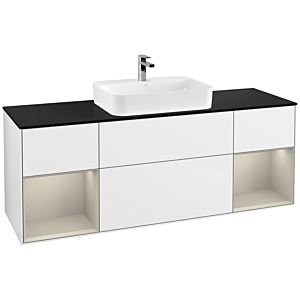 Villeroy und Boch Finion Waschtischunterschrank F452HHGF 160x60,3cm, Abdeckplatte black matt, Regale sand matt lacquer, Glossy white lacquer