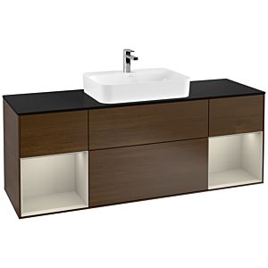 Villeroy und Boch Finion Waschtischunterschrank F452HHGN 160x60,3cm, Abdeckplatte black matt, Regale sand matt lacquer, Walnut veneer