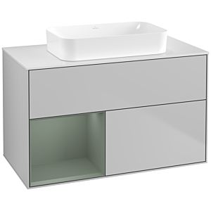 Villeroy und Boch Finion Waschtischunterschrank F651GMGJ 100x60,3x50,1cm, Regal links Olive Matt Lacquer, Light grey matt