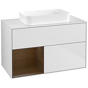 Villeroy und Boch Finion Waschtischunterschrank F651GNMT 100x60,3x50,1cm, Regal links Walnut veneer, White matt lacquer