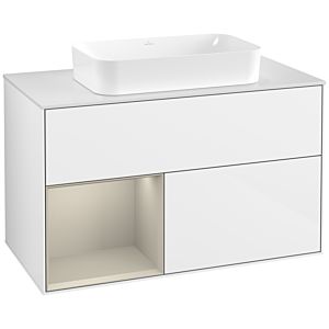 Villeroy und Boch Finion Waschtischunterschrank F651HHGF 100x60,3x50,1cm, Regal links Sand Matt Lacquer, Glossy white lacquer