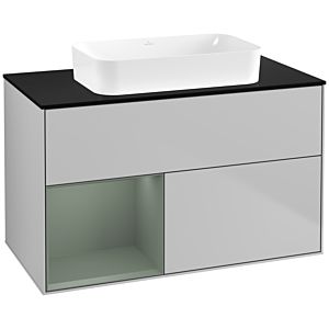 Villeroy und Boch Finion Waschtischunterschrank F652GMGJ 100x60,3x50,1cm, Regal links Olive Matt Lacquer, Light grey matt