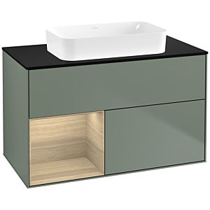 Villeroy und Boch Finion Waschtischunterschrank F652PCGM 100x60,3x50,1cm, Regal links Oak Veneer, Olive Matt Lacquer