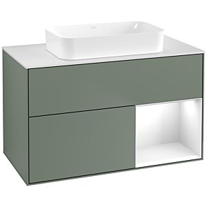 Villeroy und Boch Finion Waschtischunterschrank F661GFGM 100x60,3x50,1cm, Regal rechts Glossy white lacquer, Olive Matt Lacquer