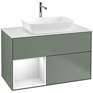 Villeroy et Boch Finion Villeroy et Boch F771GFGM 100cm, plaque de recouvrement blanc mat, étagères Laque blanche brillante, Olive Matt Lacquer