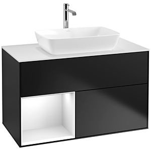 Villeroy et Boch Finion Villeroy et Boch F771GFPD 100cm, plaque de finition blanc mat, étagères laqué blanc brillant, laqué noir mat