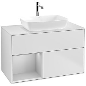 Villeroy und Boch Finion Waschtischunterschrank F771GJMT 100cm, Abdeckplatte white matt, Regale Light grey matt lacquer, White matt lacquer