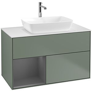 Villeroy et Boch Finion Villeroy et Boch F771GKGM 100cm, plaque de finition blanc mat, étagères laqué anthracite mat, Olive Matt Lacquer