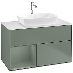 Villeroy und Boch Finion Waschtischunterschrank F771GMGM 100cm, Abdeckplatte white matt, Regale Olive matt lacquer, Olive Matt Lacquer