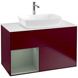 Villeroy und Boch Finion Waschtischunterschrank F771GMHB 100cm, Abdeckplatte white matt, Regale Olive matt lacquer, Peony Matt