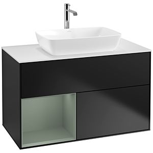 Villeroy et Boch Finion Villeroy et Boch F771GMPD 100cm, plaque de recouvrement blanc mat, étagères laqué olive mat, laqué noir mat