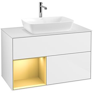 Villeroy et Boch Finion Villeroy et Boch F771HFGF 100cm, plaque de recouvrement blanc mat, étagères laqué or mat, laqué blanc brillant