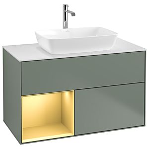 Villeroy und Boch Finion Waschtischunterschrank F771HFGM 100cm, Abdeckplatte white matt, Regale Gold matt lacquer, Olive Matt Lacquer