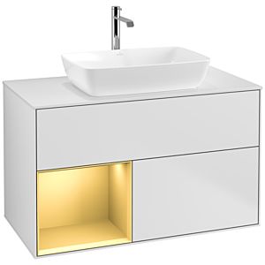 Villeroy und Boch Finion Waschtischunterschrank F771HFMT 100cm, Abdeckplatte white matt, Regale Gold matt lacquer, White matt lacquer