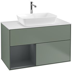 Villeroy et Boch Finion Villeroy et Boch F771HGGM 100cm, plaque de recouvrement blanc mat, étagères Laque mat minuit, Olive Matt Lacquer