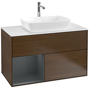 Villeroy und Boch Finion Waschtischunterschrank F771HGGN 100cm, Abdeckplatte white matt, Regale Midnight matt lacquer, Walnut veneer