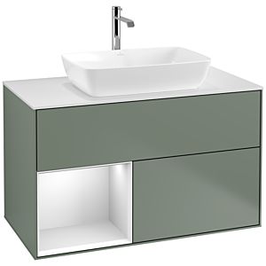 Villeroy et Boch Finion Villeroy et Boch F771MTGM 100cm, plaque de finition blanc mat, étagères laqué blanc mat, Olive Matt Lacquer