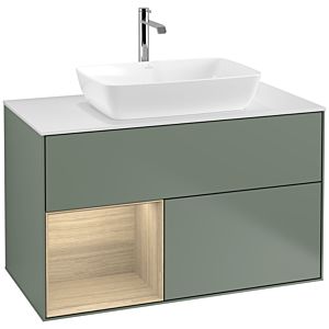 Villeroy und Boch Finion Waschtischunterschrank F771PCGM 100cm, Abdeckplatte white matt, Regale Oak Veneer, Olive Matt Lacquer